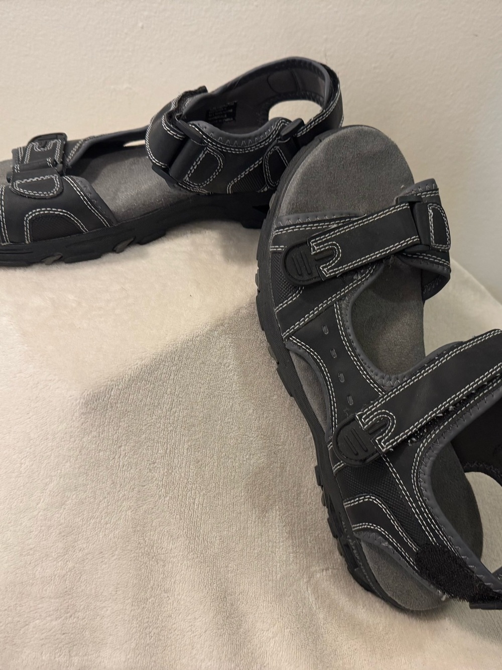 Falls Creek Black Sandals with White Stitching